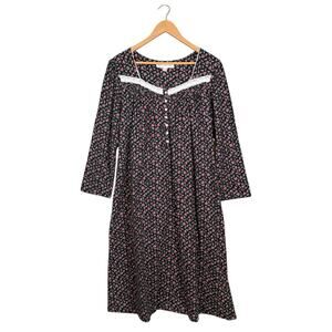 Eileen West Floral Nightgown Large Black Pink Cotton Lace Button Sleepwear